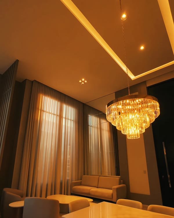 Sala de jantar com lustre e sanca iluminada