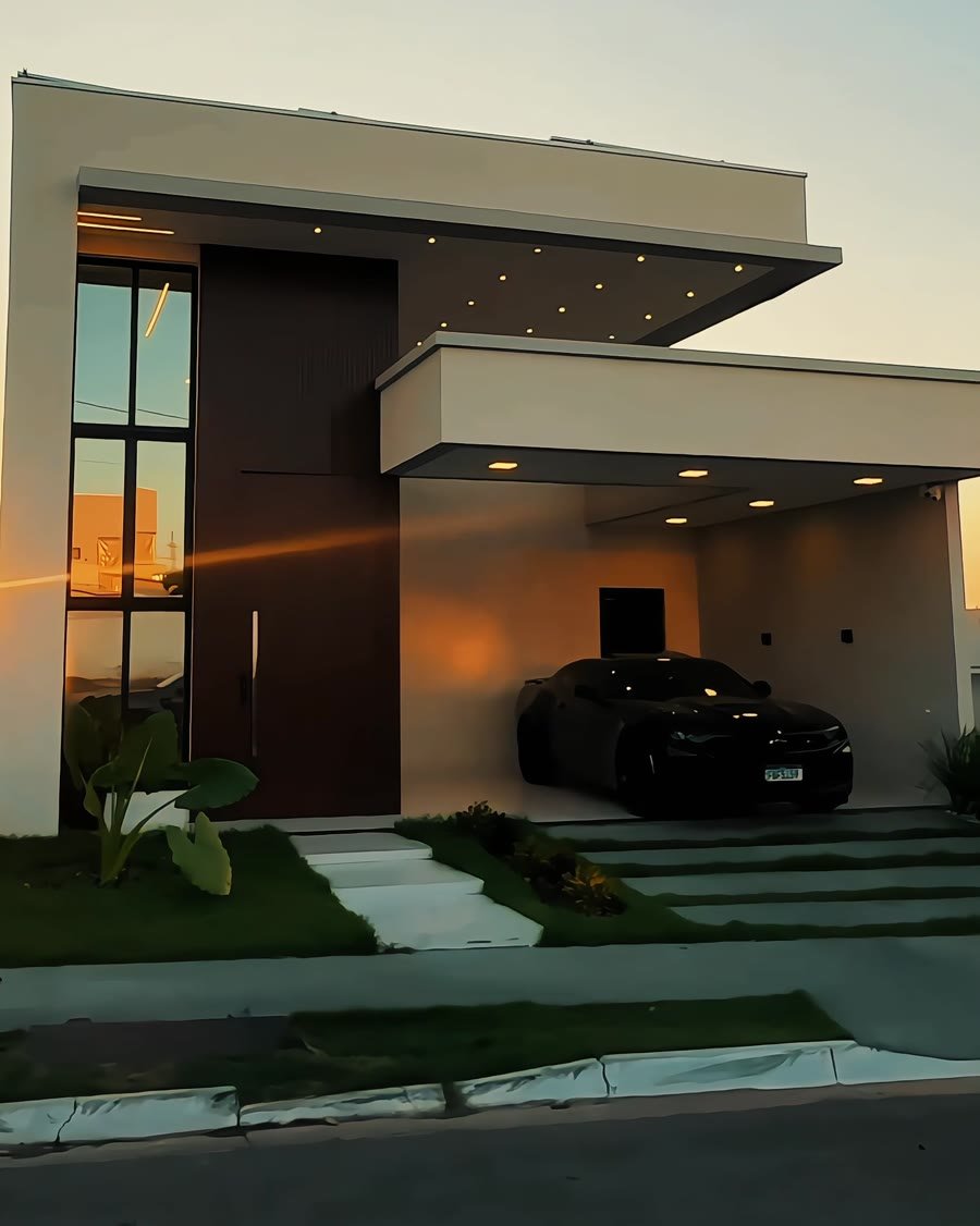 Fachada da casa ao pôr do sol